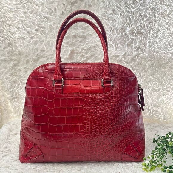 FURLA Ischia Red Cherry Croco Embossed Leather Dome Handbag Zip Top large - Picture 4 of 13